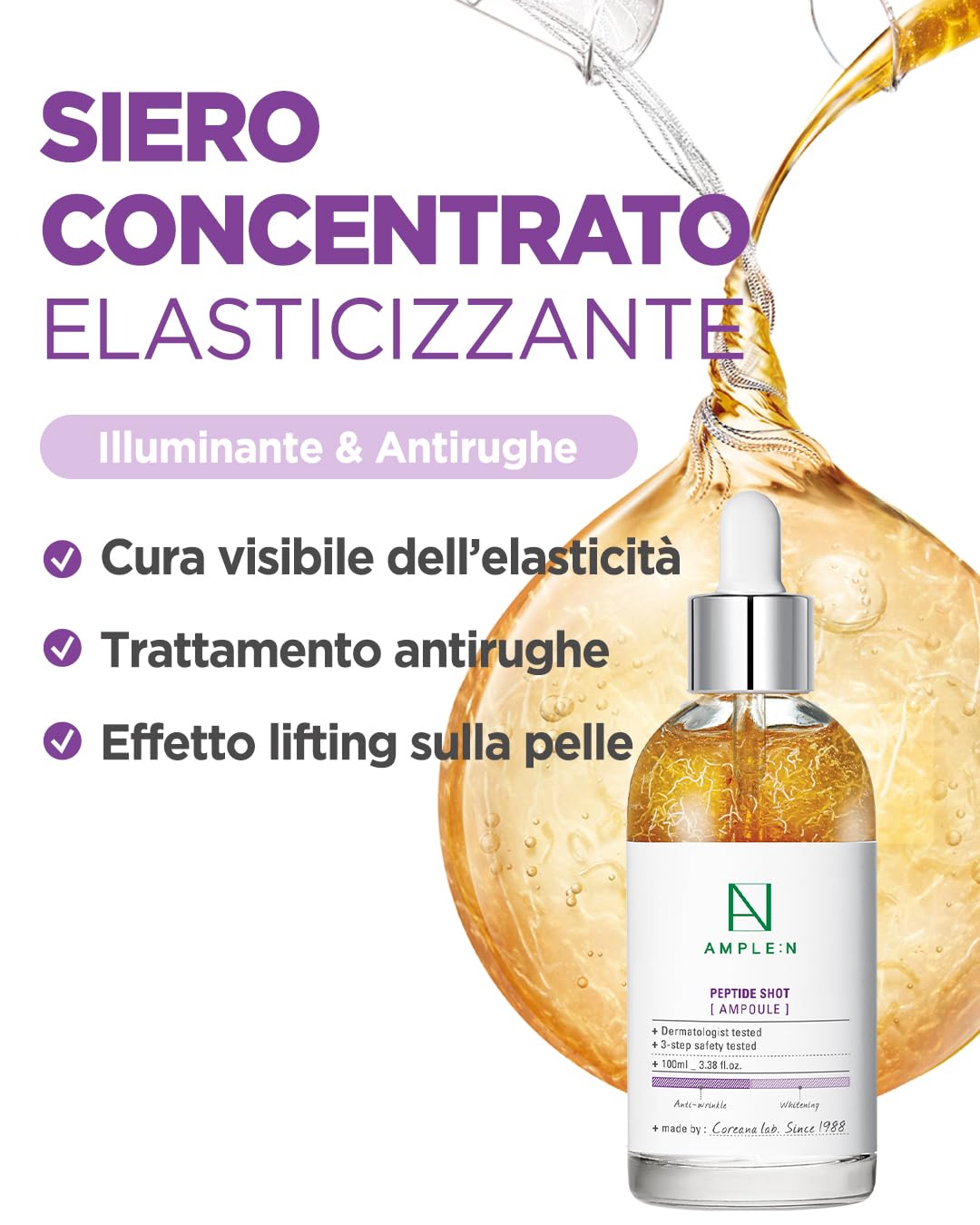 Coreana AMPLE:N Peptide Shot Ampoule 3.38 fl. oz. (100 ml) - Siero rassodante viso antietà e antirughe definitivo, booster tri-peptidi, Visiby Plump, cura della pelle ringiovanente