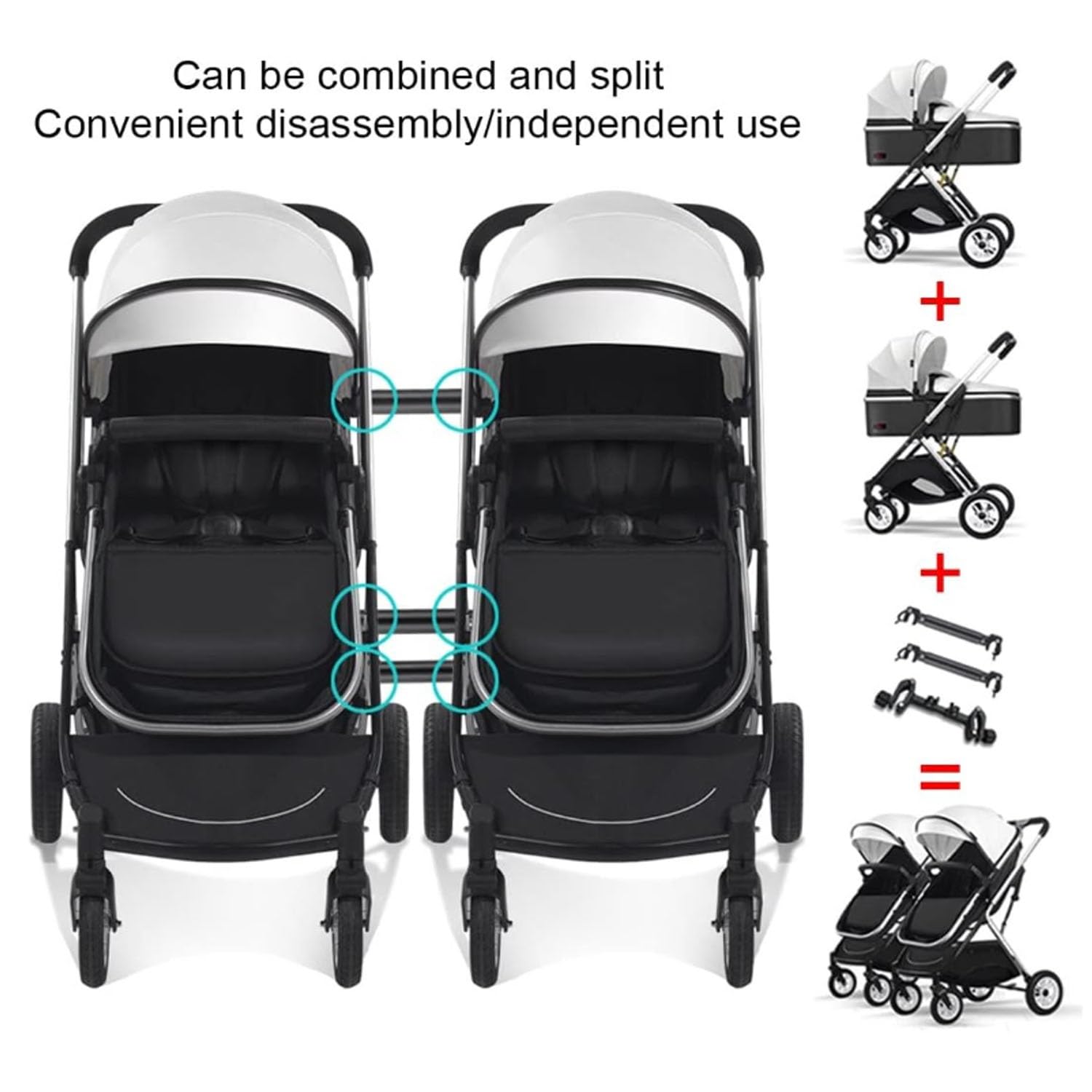 Cochecito doble para niños pequeños uno al lado del otro, cochecito de bebé de dos vías, cochecito gemelos, desmontable, asiento alto horizontal y toldo ajustable (blanco)
