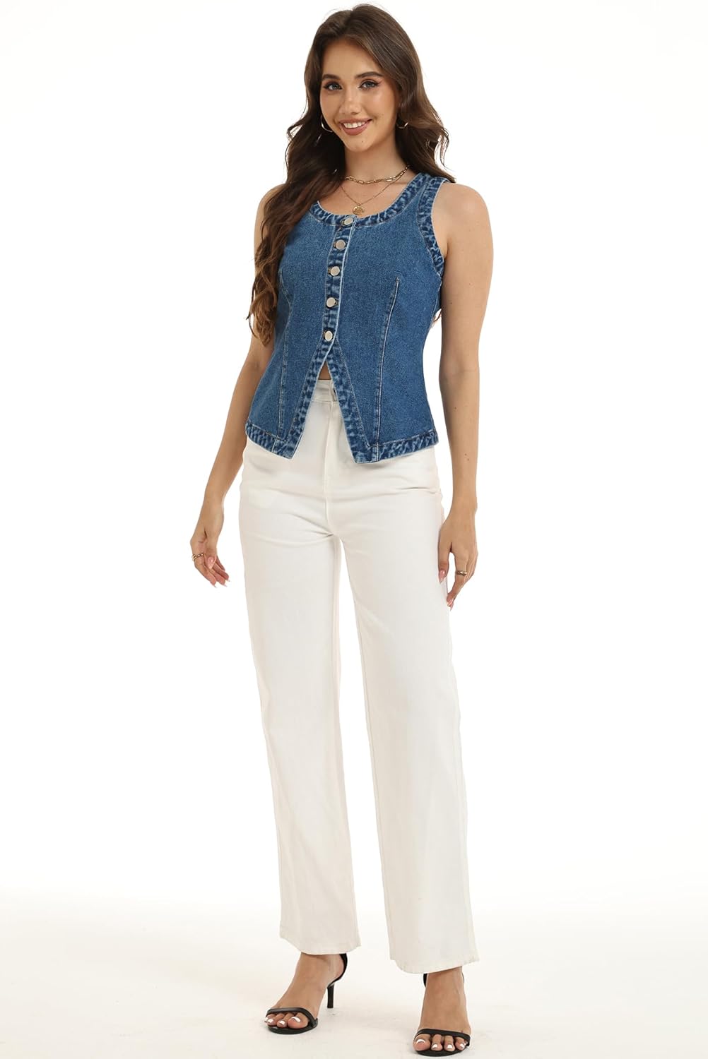 D-Sun Women Sleeveless Denim Vest Crewneck Button Down Jean Waistcoat Casual Front Slit Slim Denim Tank Top - Image 6