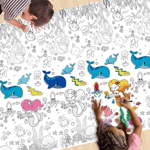 Mermaid Giant Colouring Table Cloth for Kids,137 * 274cm Under the Sea ...