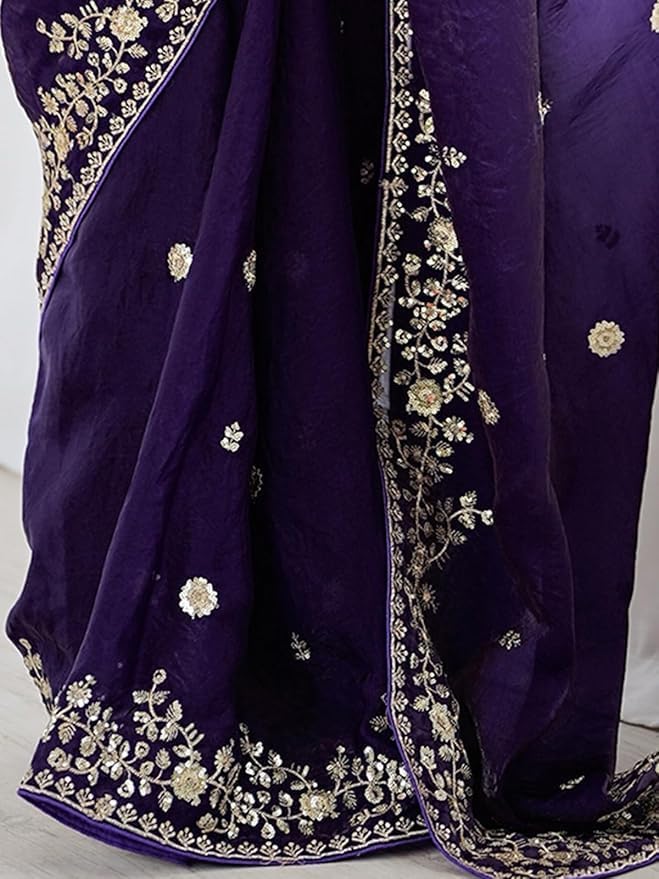 VIBRANCE Women's Tissue Silk Scalloped Border Sequins Embroidery Saree with Unstitched Blouse Piece