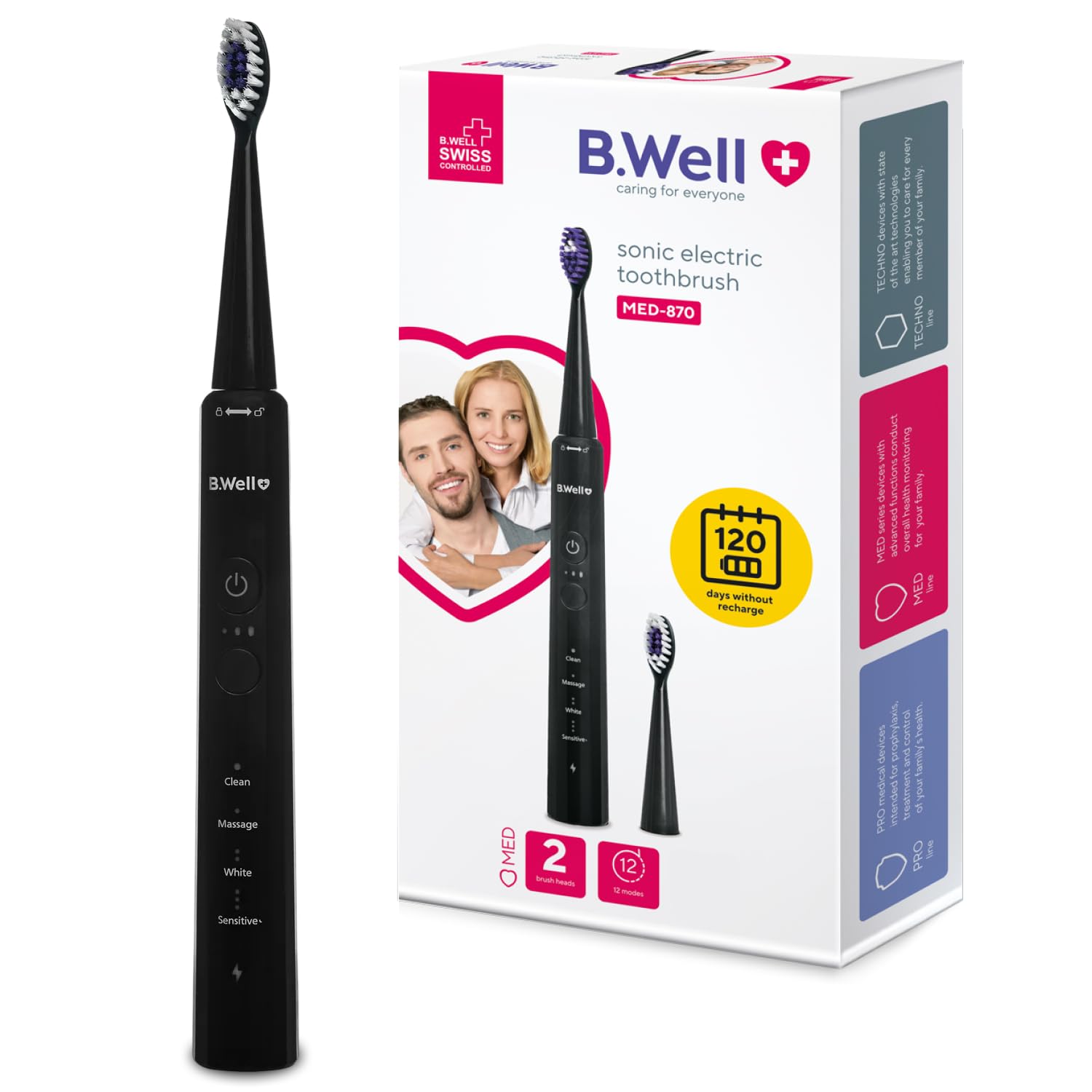 B.Well MED-870 Brosse à dents sonic - Adultes 12 modes autonomie 4 mois | Qualité suisse: 4 modes avec 3 intensités, minuteur intelligent, mémoire du mode & étanchéité IPX7, Noire