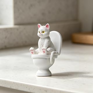 Funny Black Cat on Toilet Figurine - Mini Resin Bathroom Decor, Cute Animal Desk Ornament, Quirky Gag Gift for Adults Cat Lovers (White)