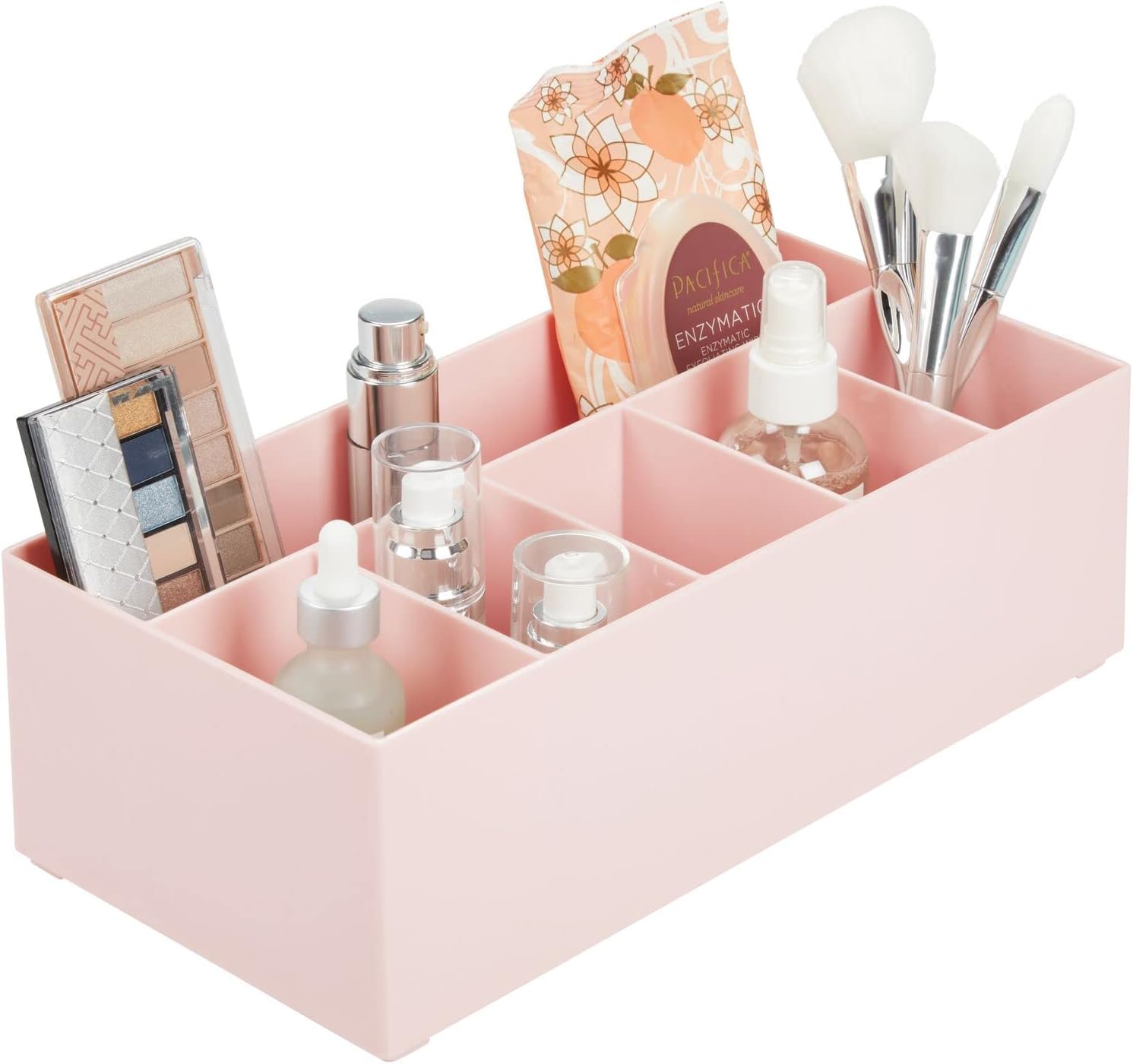 mDesign Plastic 6-Compartment Cosmetic Storage Organizer, Divided Makeup or Beauty Storage for Organizing Bathroom Countertop, Vanity - Holds Lipstick, Brushes, Blush, Lumiere Collection, Light Pink