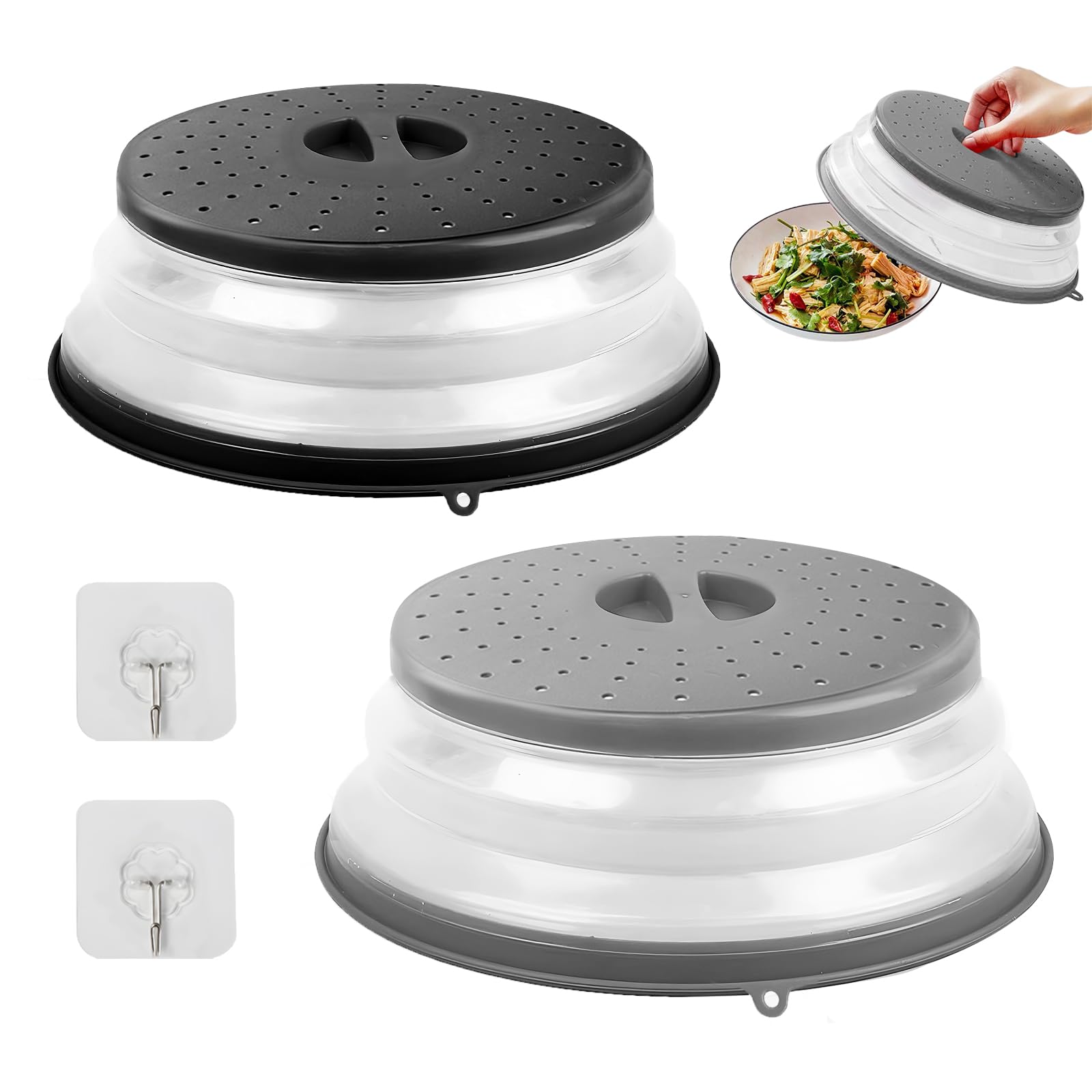 dellyy Tapa Microondas Libre BPA, 2 Piezas Funda para Microondas 3 en 1, Microwave Cover con 2 Ganchos, Plegable, Tapadera, con Ventilación de Plástico (A, 27CM)