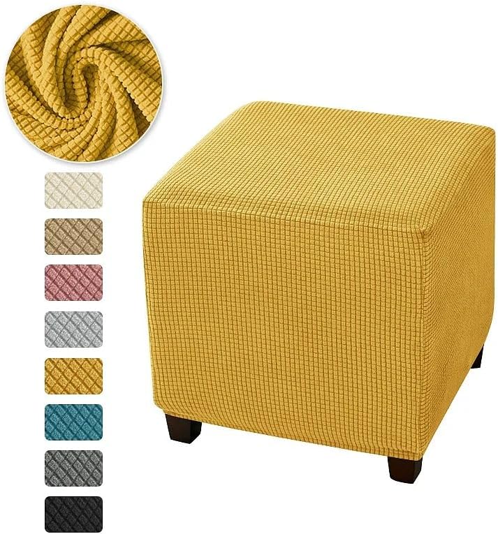Stretch Ottoman Cover for Square Storage Stool, Textured Jacquard Fabric, Yellow, 13-18 Inch, Elastic Slipcover