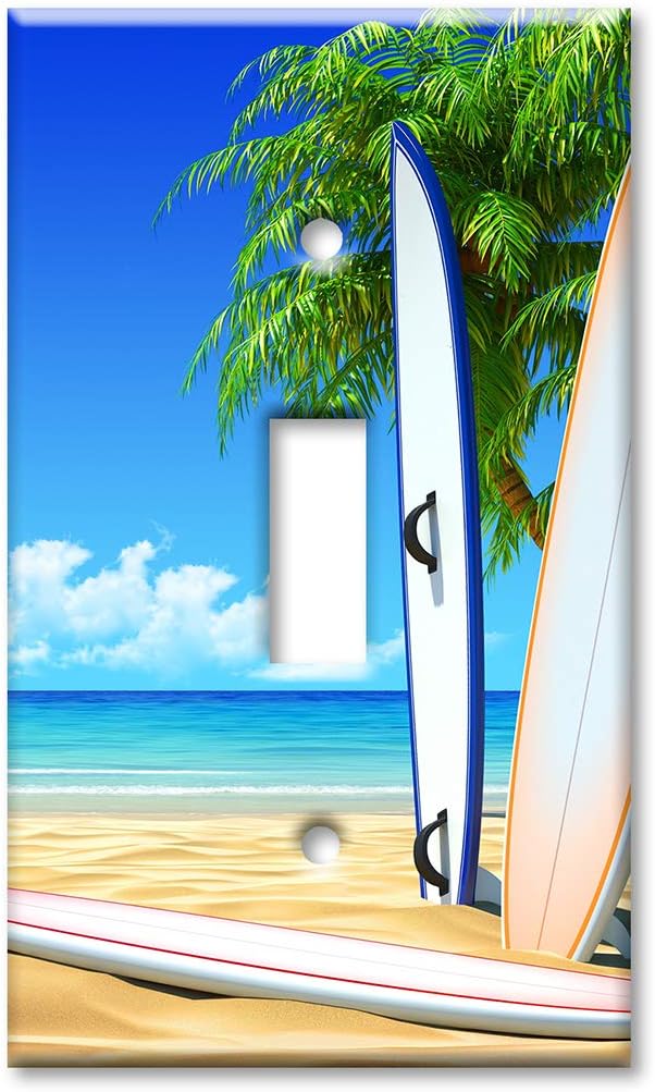 Art Plates 1-Gang Toggle OVERSIZED Switch Plate - OVER SIZE Decorative Metal Wall Plate - Surf Boards on the Beach - (Made in USA)