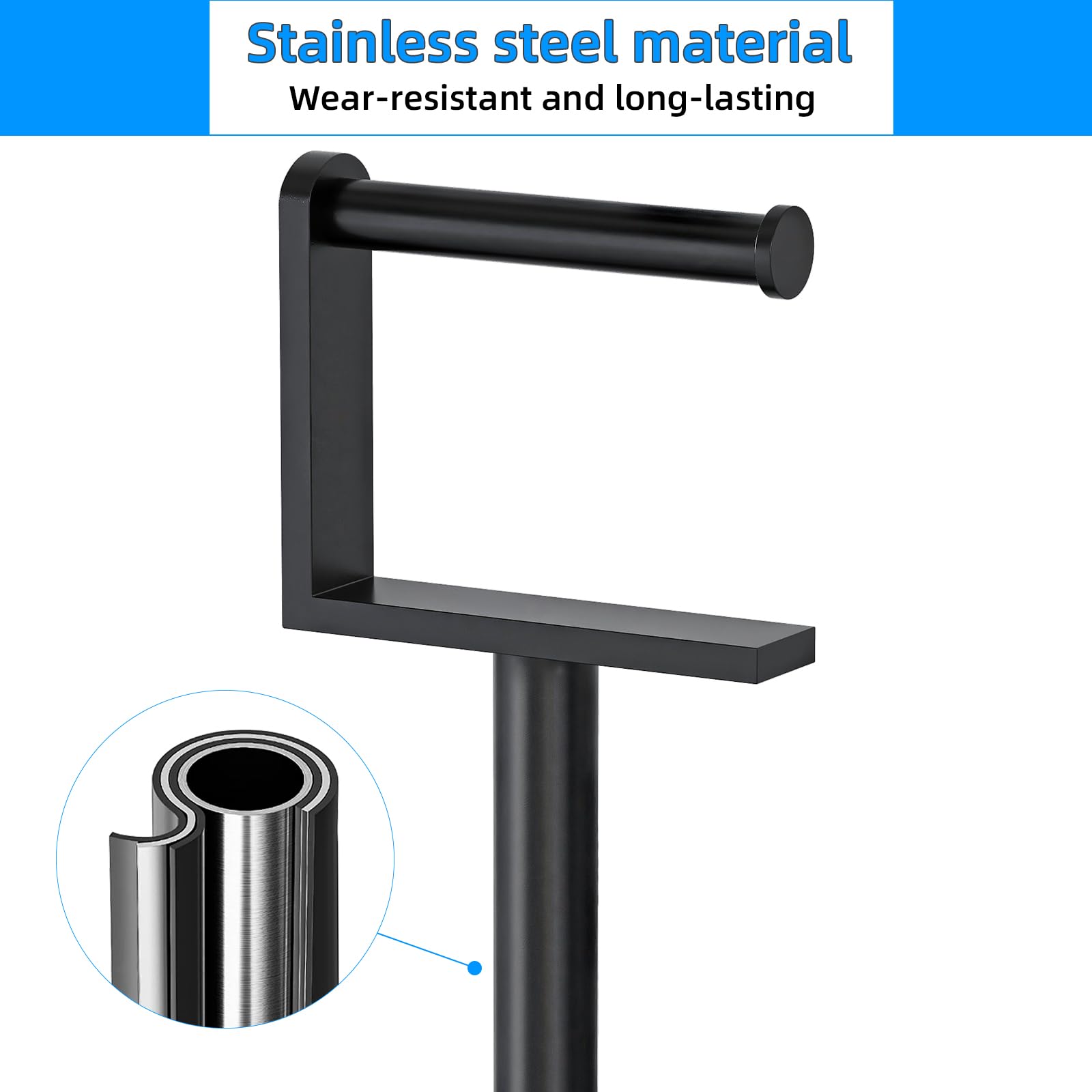 Heavy Duty Toilet Paper Holder Stand, Stable Weighted Base Toilet Paper Holder Free Standing, Stainless Steel Bathroom Free Standing Toilet Paper Roll Holder, Matte Black Tissue Rack — Amazon image 3