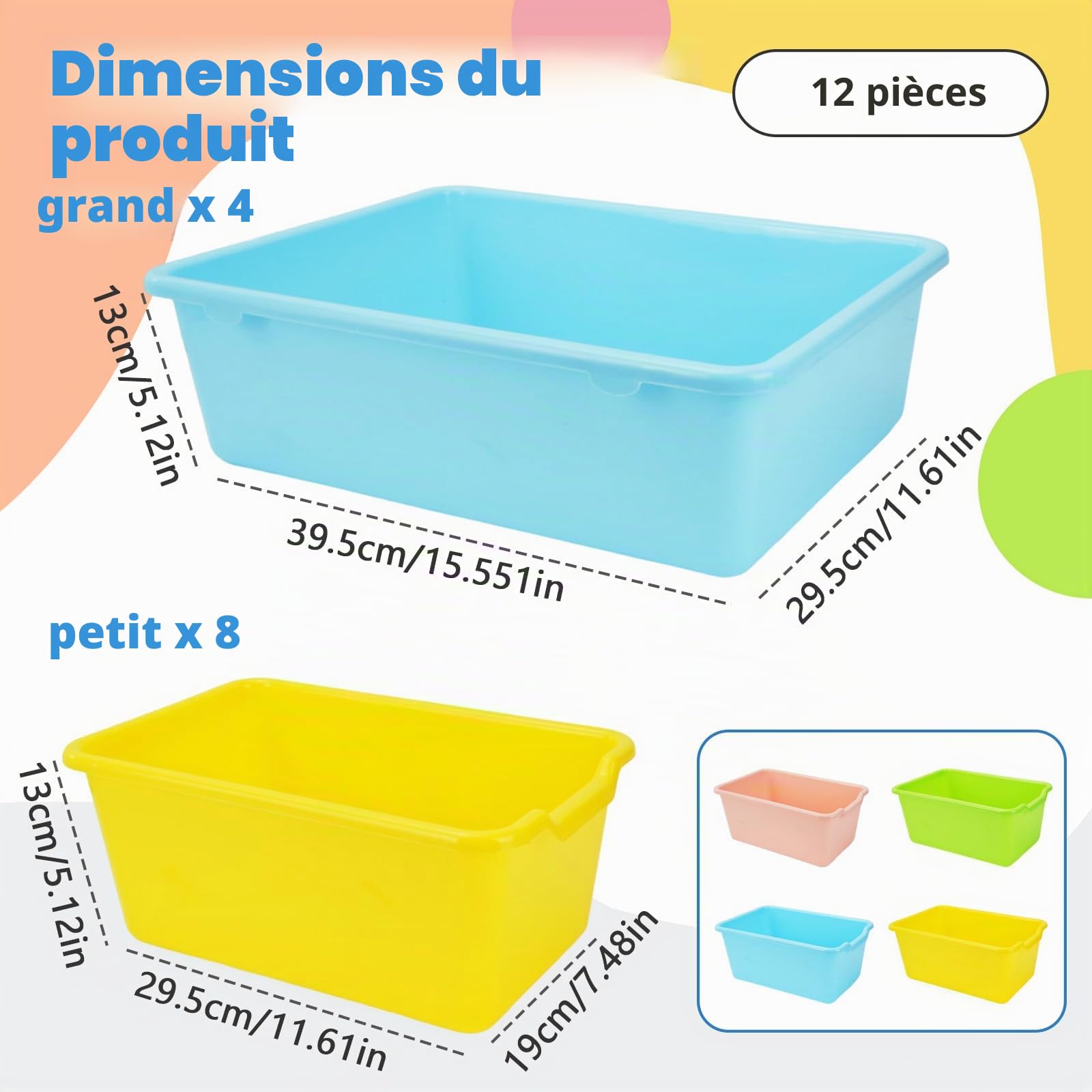 Lot de 12 boîtes de rangement en plastique empilables pour livres, 40 et 30 cm, multifonctions, pour salle de classe, bureau, maison, bibliothèque, chambre d'enfant (4 couleurs)