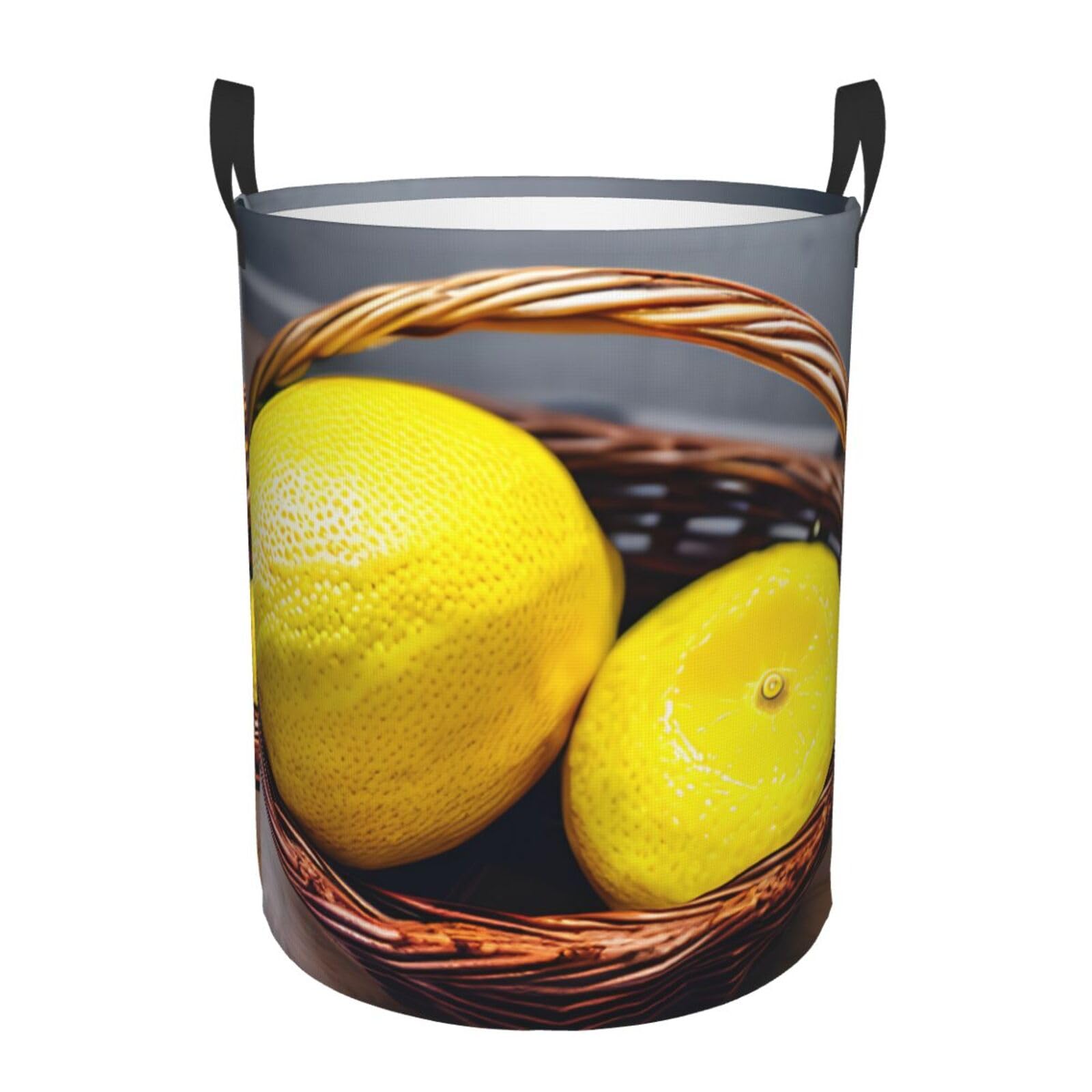 M Collapsible Laundry Hamper Round One Basket Lemon Print Storage