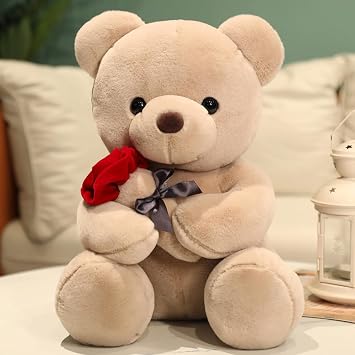 Cute Teddy Bear Plush Toys With Rose Flower Valentines Day Teddy Stuffed Animal Gift for Valentine's Day Christmas Anniversaries Brown, 25cm9.8"