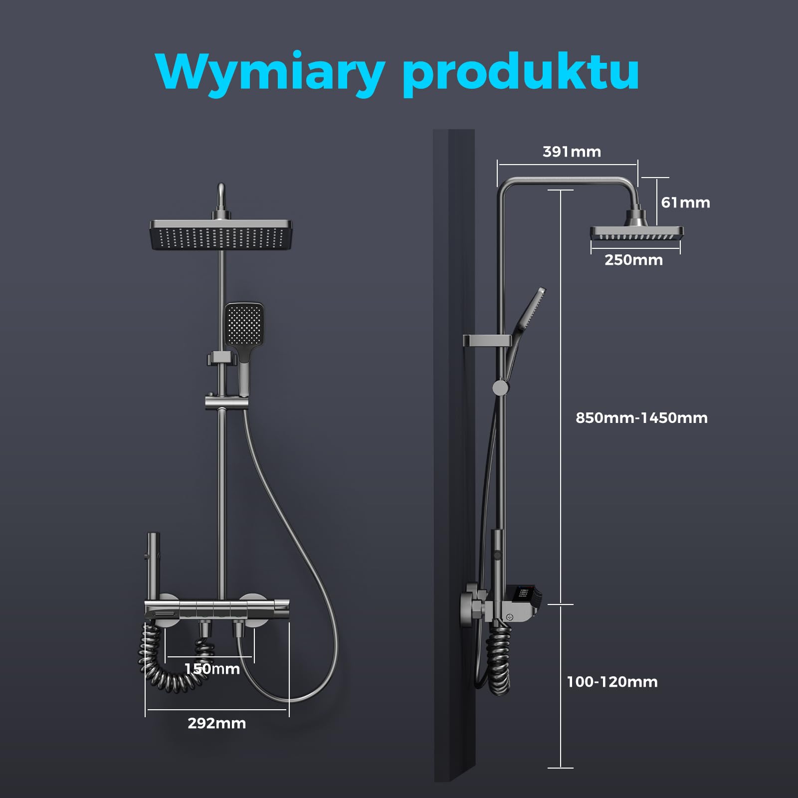 Kompletny Zestaw Prysznicowy z Regulowaną Wysokością Drążka i Kwadratową Deszczownicą, Bateria Prysznicowa z Przyciskami w Stylu Pianina, Zestaw Prysznicowy do Łazienki z 4 Rodzajami Strumienia Wody