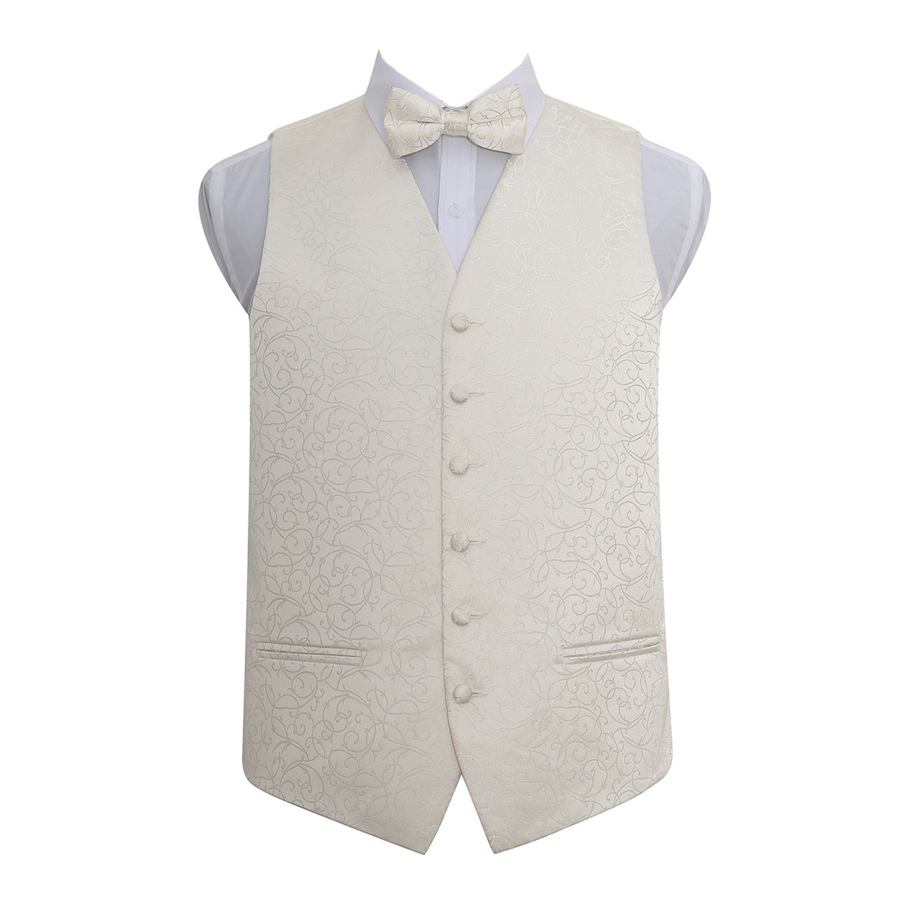 Dqt Men's Ivory New Swirl Jacquard Waistcoat And Pre-Tied Bow Tie - Size Xxl: 44