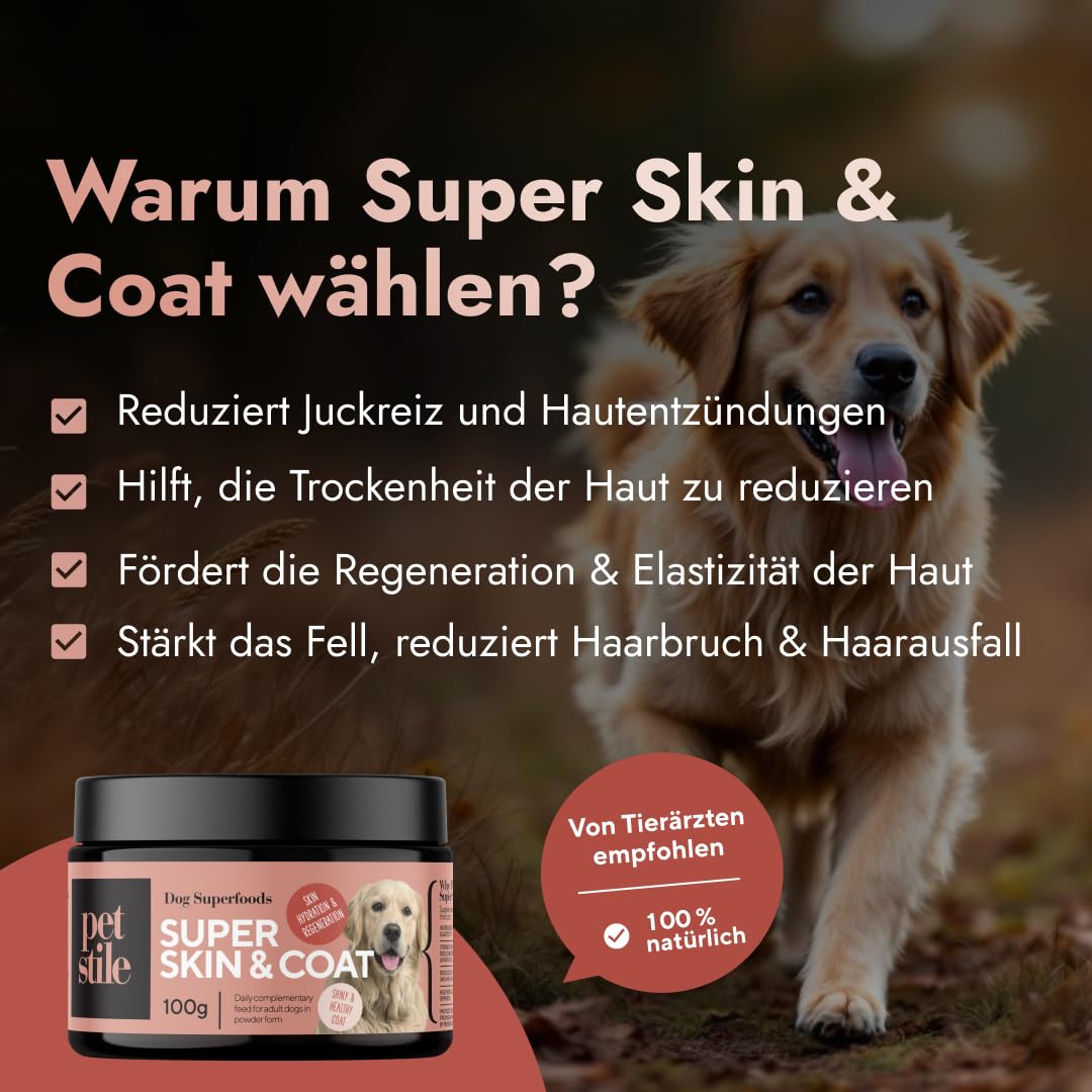 Super Skin & Coat – Natürliches Supplement für Hunde mit Fischkollagen, Leinsamen & Fischöl – unterstützt Haut, Fell, Regeneration & reduziert Entzündungen (100 g (3er Pack))