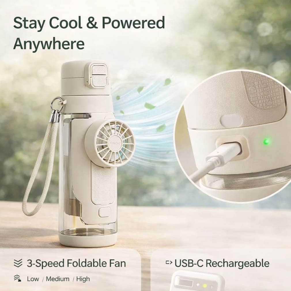 2-in-1 Water Bottle with Built-in Foldable Fan,Tragbare Doppel-Trinkflasche Kühlfunktion Wasserflasche mit Ventilator 3 Geschwindigkeitsstufen,Tragbarer Ventilator Trinkflasche für Reisen (Weiß)