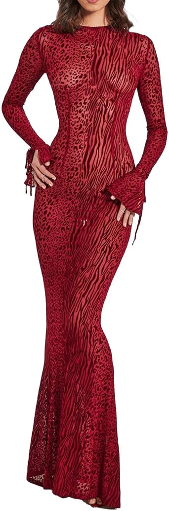 Goth Y2K Leopard Print Mesh See-Through Backless Mermaid Dresses Slim Fit Prom Cocktail Evening Dress for Women
