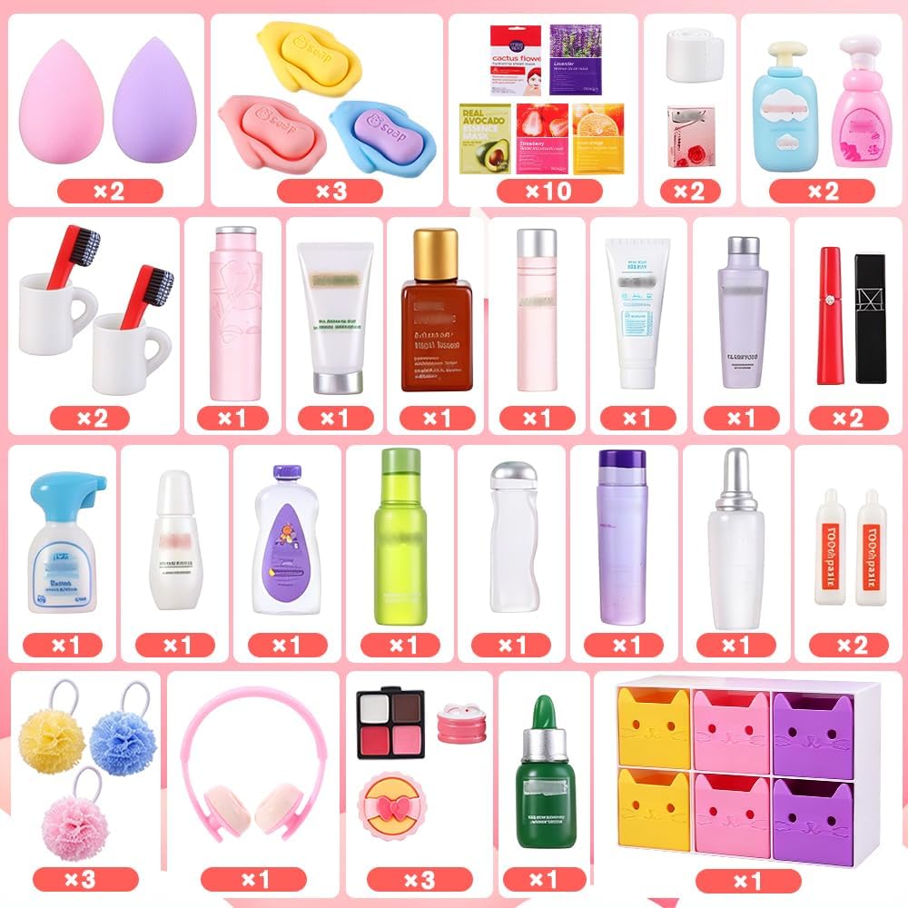 DIYDEC 92Pcs Dollhouse Mini Jewelry Storage Case Cosmetic Hand Bag Miniature Bathroom Accessories with Makeup Set Towel Cosmetic Toothbrush Shampoo Glasses Slippers Earphones Doll Backpack Micro Scene