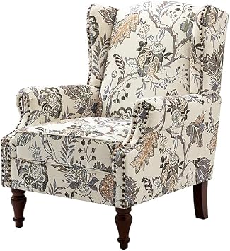 Wingback Chair Floral Fabric Accent Chair, Traditional Nailhead Trim Armchair with Retro Wooden Legs for Living Room, Upholstered Single Sofa, Green