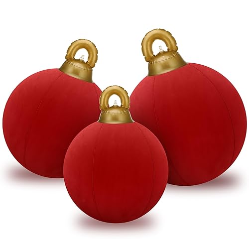 Jenaai 3 Pcs Giant Velvet Christmas Inflatable Ball Ornament Large PVC Christmas Inflatable Balls 3 Size 24" 20" 18" Xmas Hanging Ornaments Outdoor Decor for Lawn Porch Yard(Red)