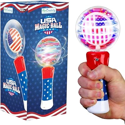 ArtCreativity 7.5 Inch Light Up Patriotic Magic Ball Toy Wand for Kids, Flashing LED Wand for Boys and Girls with Batteries Included, Thrilling Spinning Light Show, Birthday Party Favor, 4th of July