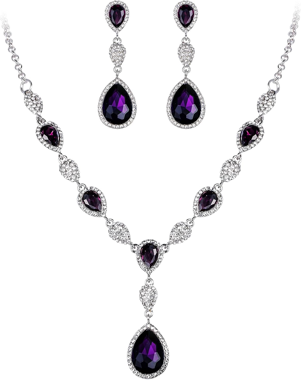 EleQueen Women's Cubic Zirconia Teardrop Y-Necklaces Dangle Earrings Jewelry Sets for Brides Bridesmaids