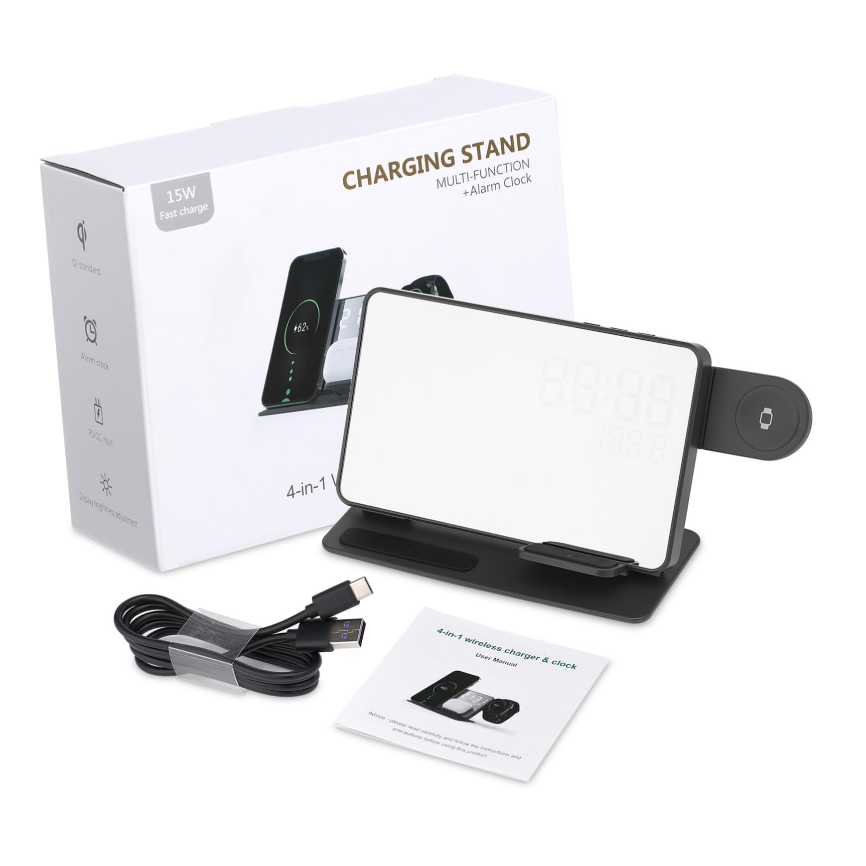 TEHAUX Station de Charge sans Fil avec Réveil Numérique et Affichage Température Support de Chargement Rapide Compatible Smartphone Montre Connectée et Écouteurs