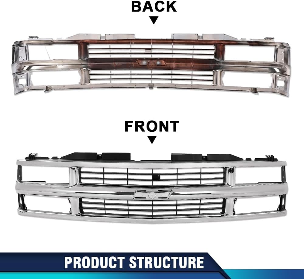 PIT66 Chrome Grille w/Black Insert Compatible with 1994-2000 Chevy Blazer Tahoe C/K 1500 2500 3500, Fit for Models with Composite Headlights 15981106 GM1200238