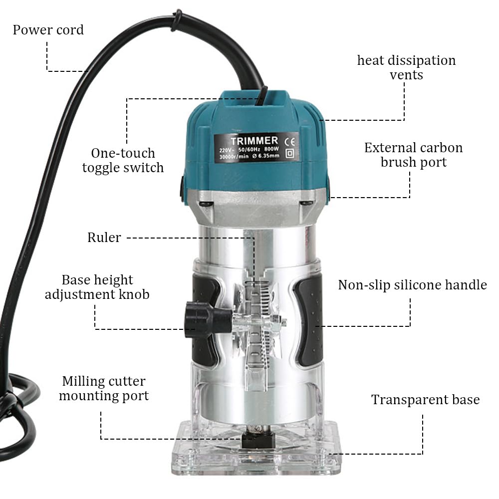 Holzfräse Oberfräse Professionell, 800W 30000 U/min Elektrischer Oberfräse Trimmer mit 15 Stück Fräsen Cuter mit 6 Geschwindigkeitsstufen für Holz, Fasen, Nuten, Schneiden, Bohren