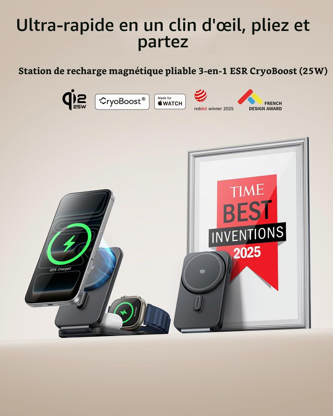 ESR Station de Charge 3-en-1 pour iPhone 17e/17, Qi2.2 Chargeur Induction