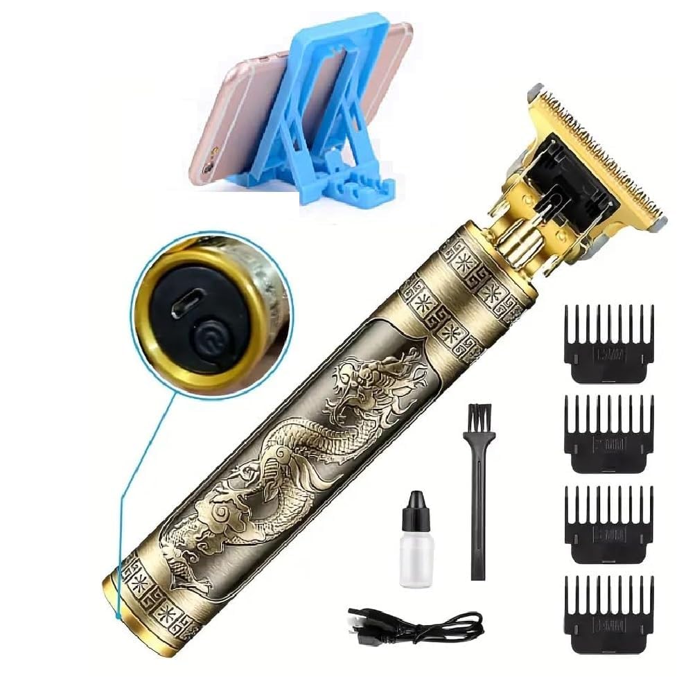 T9 Vintage Professional Hair Trimmer For Men –Golden Metal Body,Cordless,4 Guide...