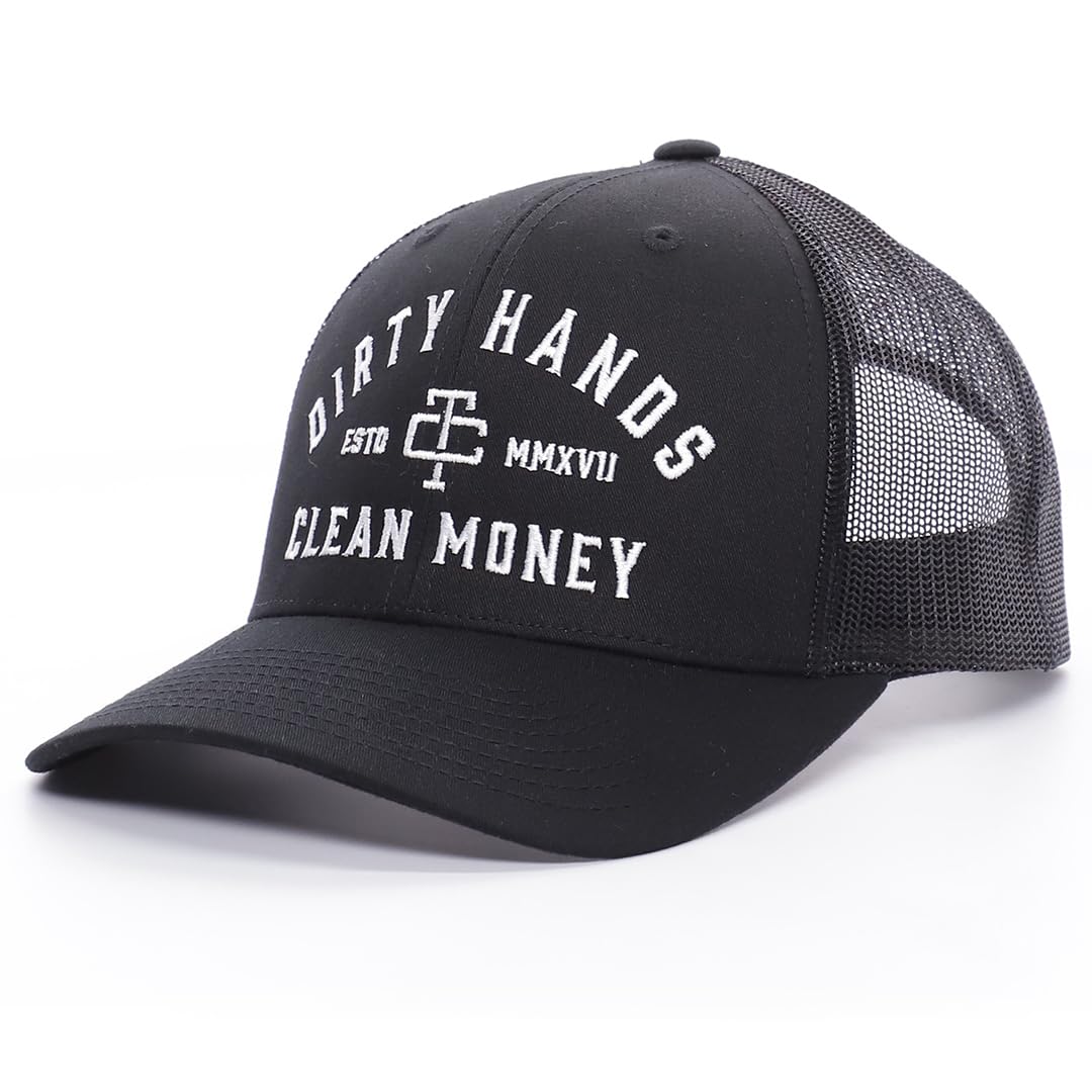 TROLL CO. CLOTHING Dirty Hands Clean Money Meshback Hat - Black, Adjustable Snapback, Curved Brim, One Size Fits Most