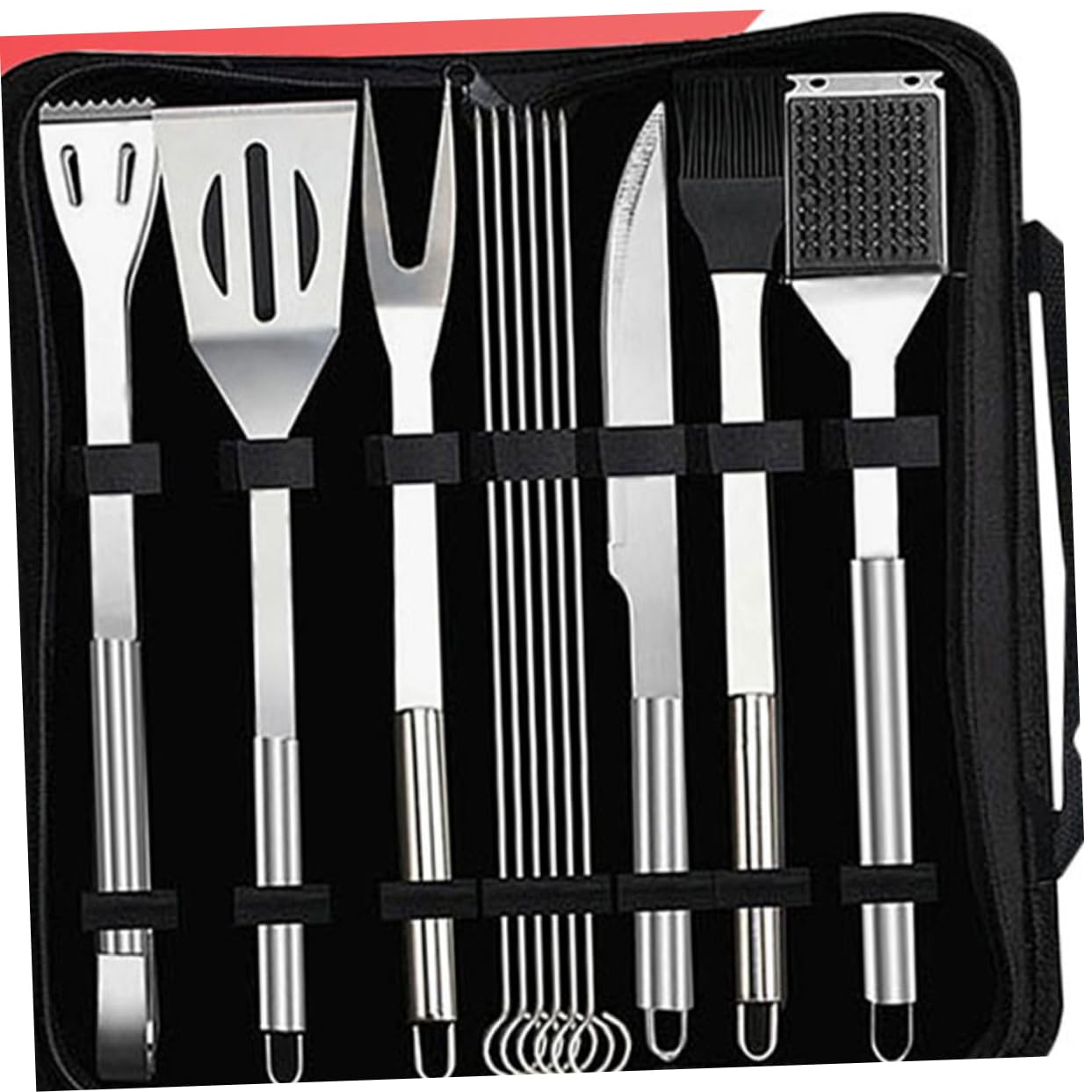 Alipis 12 Stück Grillwerkzeug-set Aus Edelstahl Mit Schaufel, Zange, Messer, Gabel, Bürste, Stahlbürste Und Spieß in Tasche Für Picknick Und Camping