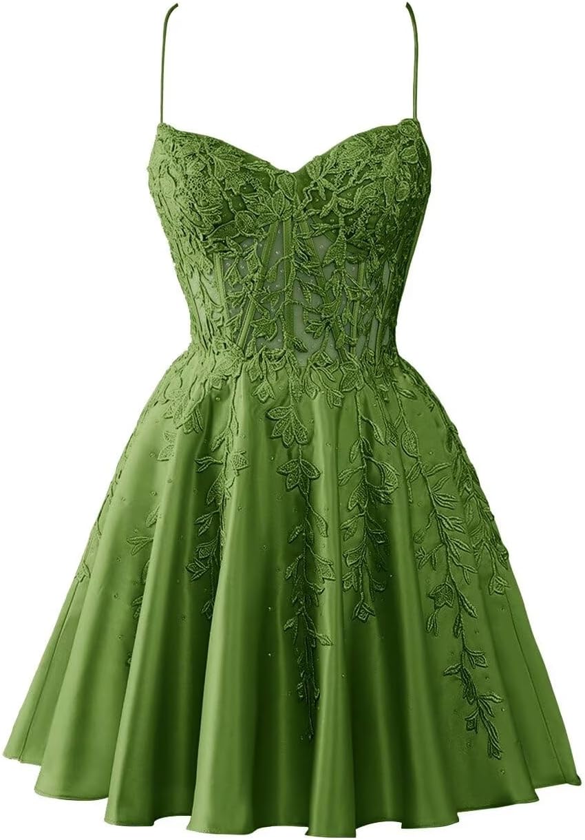 Fivsole Satin Short Homecoming Dress for Teens 2024 Lace Applique Mini Formal HOCO Cocktail Party Dresses