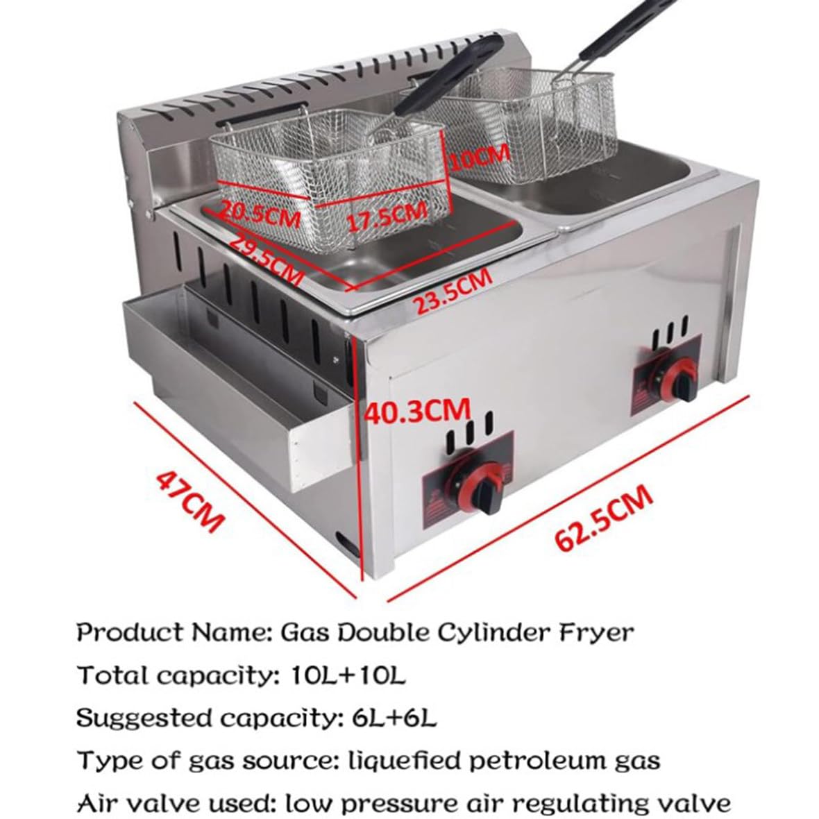 Friteuse Professionnelle 10Lx2 avec Double Couvercle Thermostat de Sécurité pour Restaurant Commercial et Famille - Friteuse à Gaz Professionnelle
