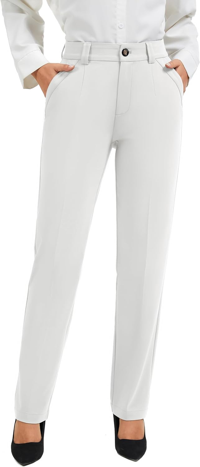 FUNYYZO Women Stretch Business Straight Leg Dress Slacks Pants with Pockets Wear to Work 2026 Casual Suitpants