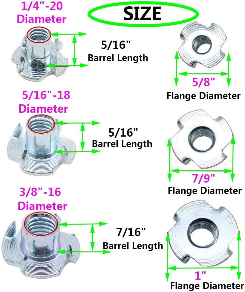 T Nuts 1/4"-20,5/16"-18, 3/8"-16,Socell 110pcs Zinc Plated Steel T-Nut 4 Pronged Tee Blind Nuts Assortment Kit for Wood, Rock Climbing Holds, Cabinetry, Furniture,etc.