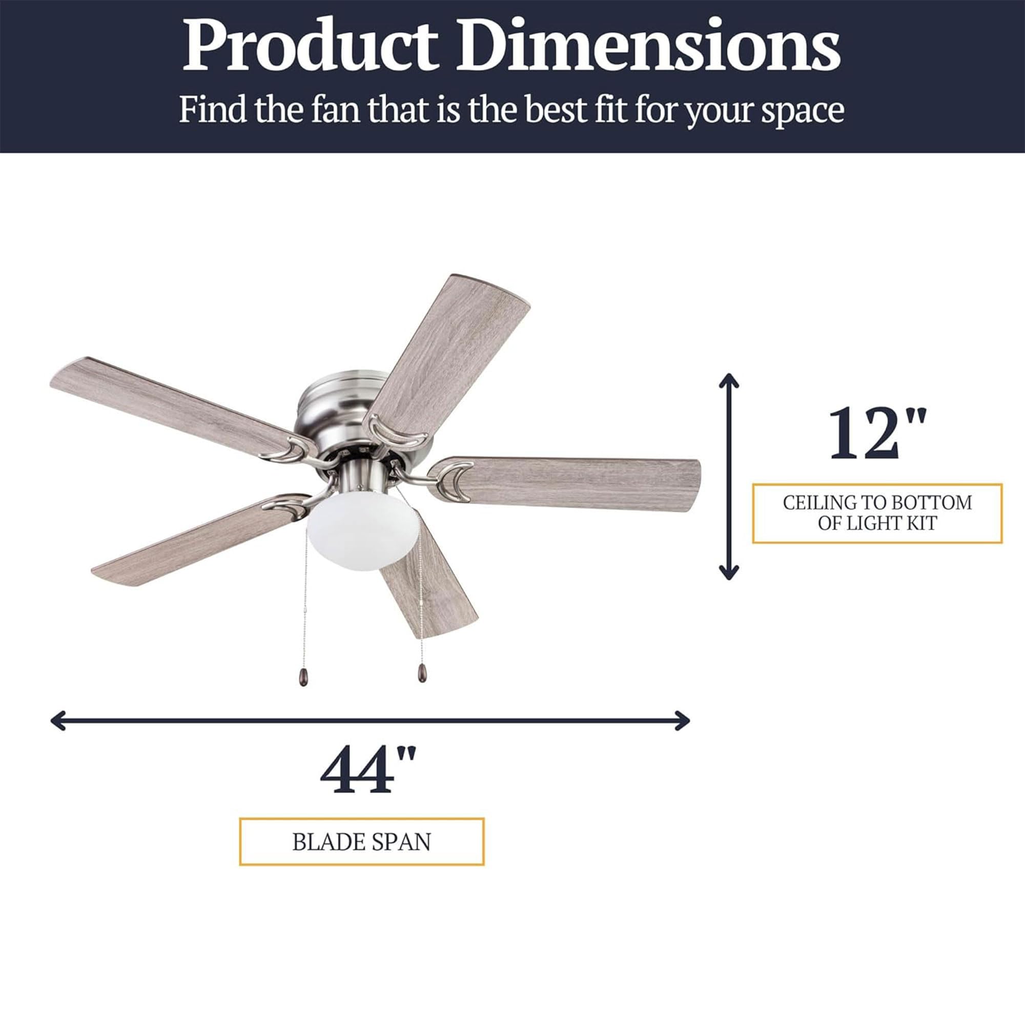 Prominence Home Alvina Traditional 44 Inch Ceiling Fan with Light, LED Flush Mount Ceiling Fan, Indoor Fan with 5 Blades, Gray Oak and Brown Walnut Blade Finish Options, Satin Nickel (51585-01)