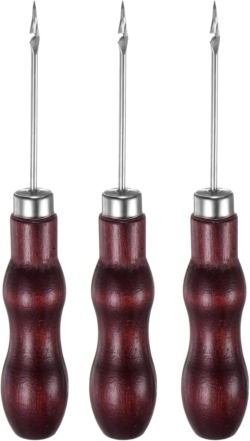 HARFINGTON 3pcs Handwork Sewing Awl Double Gourd Hook Head Awl Leather Punch Hole Tool with Wooden Handle Scratch for Broken Wire Drilling Stitching Repair and DIY Handmade, Rosewood Color