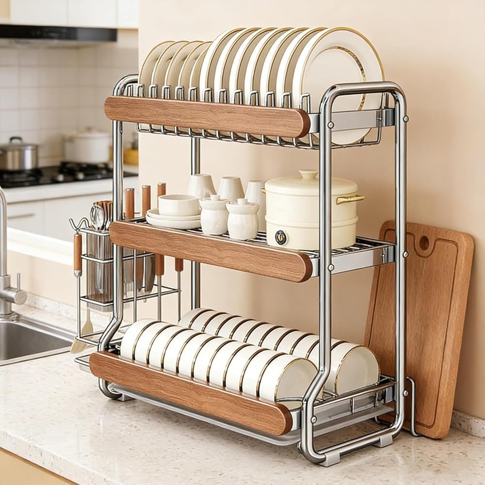 Égouttoir à vaisselle à 3 niveaux en acier inoxydable avec plateaux de drainage – Organiseur de cuisine peu encombrant pour ranger la vaisselle, l'argenterie et la planche à découper – Solution de