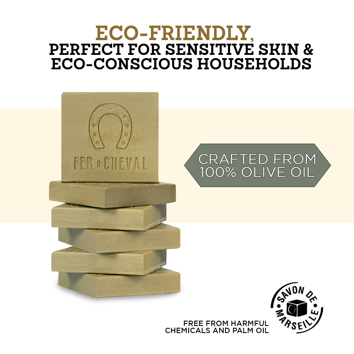 Fer à Cheval Pure Olive Toilet Marseille Soap Bar - Authentic Savon De Marseille, Natural and Hypoallergenic French Olive Oil Soap (6x65g/2.29oz)