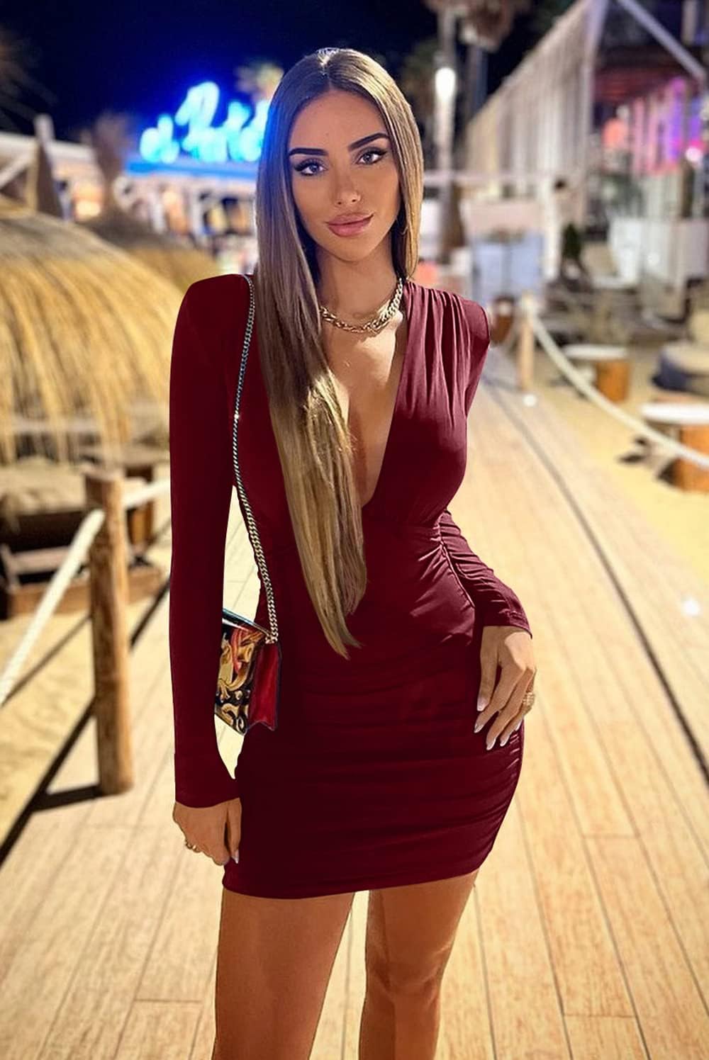 GOBLES Women's Sexy Long Sleeve V Neck Ruched Bodycon Mini Party Cocktail Dress - Image 2