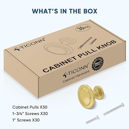 Miniatura 6 de TICONN Paquete de 30 pomos para gabinete, pomos redondos para cajones de 1-14 pulgadas de diámetro, accesorios para gabinete de cocina (latón)