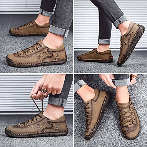 Fivestorescity Mens Casual Shoes Summer Breathable Sneakers Loafers Walking Shoes Hand Made Lace-Up Leather Dress Flats Shoes For Driving Business Working Office (Us 10, Khaki) #TOP5