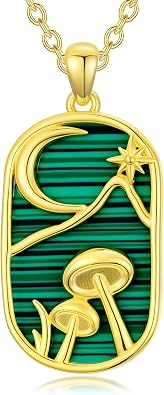 Malachite Necklace for Women 925 Sterling Silver Malachite Pendant with Moon and Mushroom Design 18+2 Inch Adjustable Chain Jewelry Gift for Her