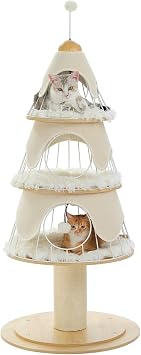 Modern Cat Tree, Wood Cat Tower with Thick Scratch Post 5.4in, Metal Frame, 3 Condos & Furry Hanging Balls, Aesthetic Cat Furniture Tree for Large Cats Adult, Beige White