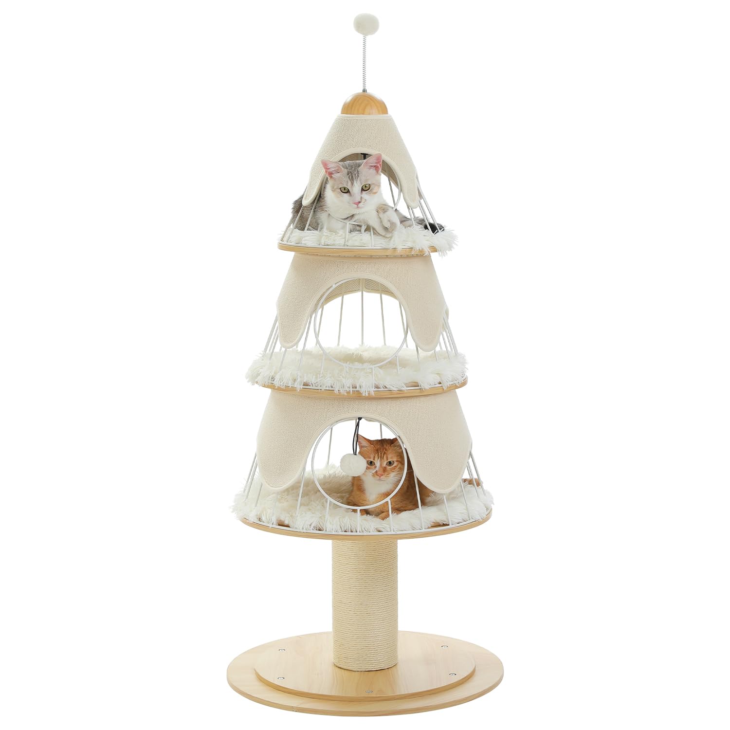 Modern Cat Tree, Wood Cat Tower with Thick Scratch Post(φ5.4in), Metal Frame, 3 Condos & Furry Hanging Balls, Aesthetic Cat Furniture Tree for Large Cats Adult, Beige White