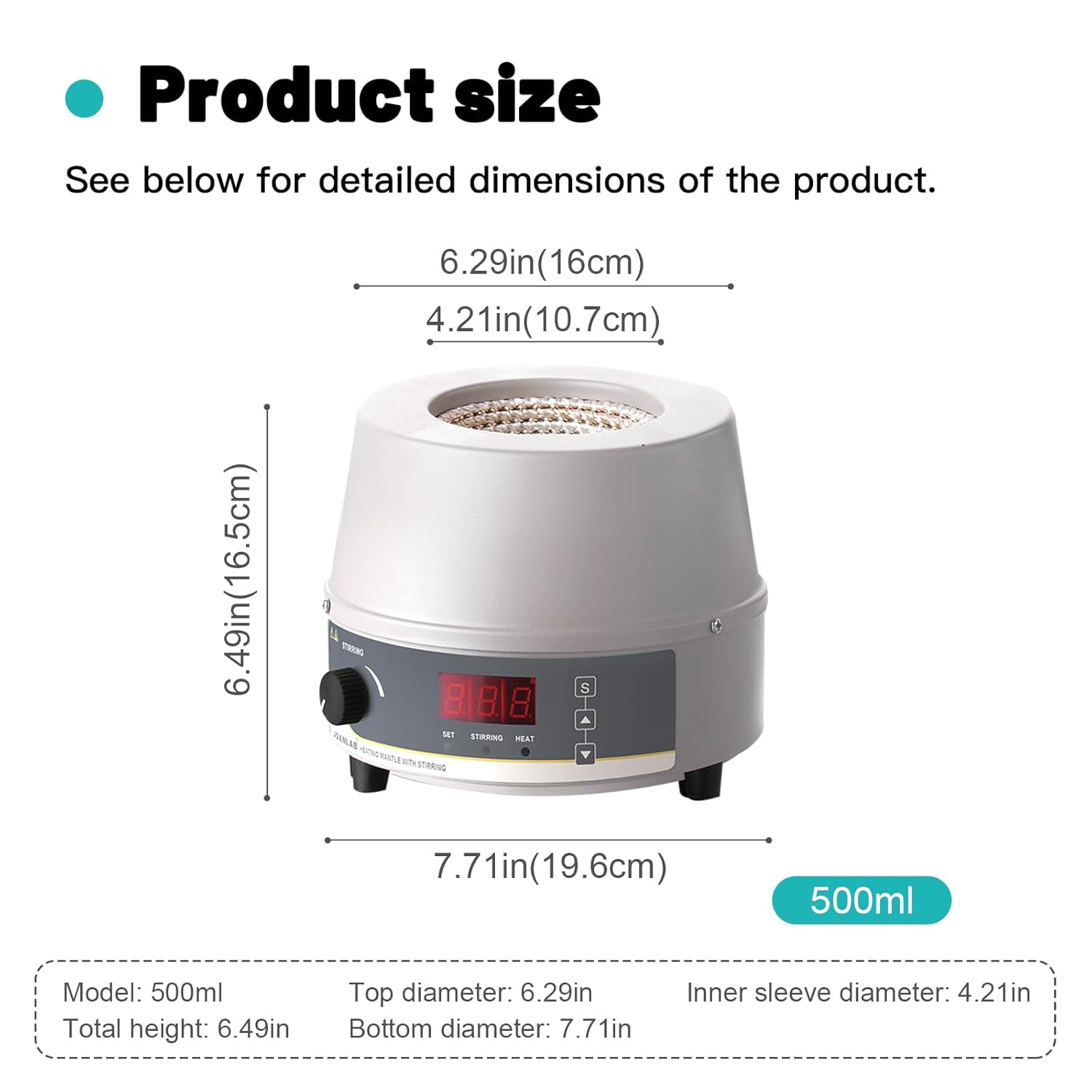 LAB FISH 500ml Heating Mantle Magnetic Stirrer, 250W Lab Thermostatic Heater Mixer with Digital Display, Temp Control Probe & Timing Function