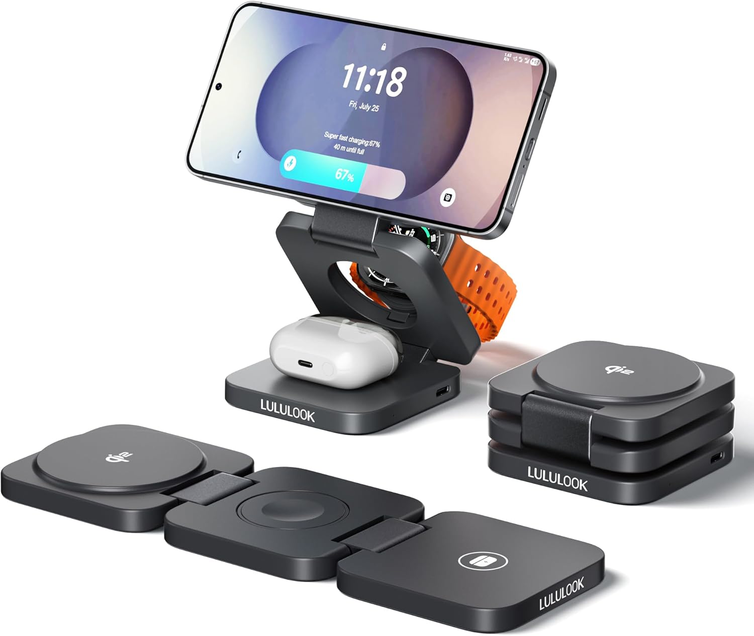LULULOOK Qi2 Foldable 3 in 1 Wireless Charging Station for Samsung Phone and Watch and Buds, Travel Magnetic Charger Stand for Samsung Galaxy S26/S25/S24/S23/Z Flip/Fold-for Galaxy Watch 8/Ultra/Buds