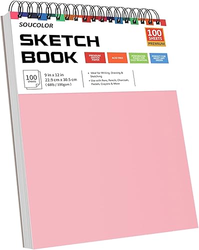 Miniatura 80 de Soucolor - Cuaderno de bocetos de 9 x 12 pulgadas, paquete de 1 de 100 hojas, encuadernado en espiral, libre de ácido (68 libras/100 g/m²), bloc