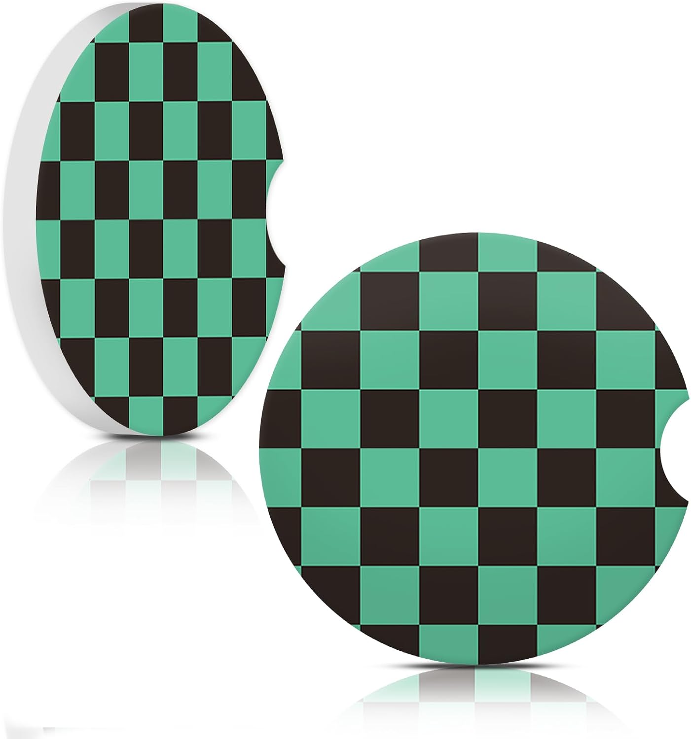 Car Coasters for Cup Holders, Car Cup Holder Coaster, Cute Car Accessories for Women Interior, 2PCS Cup Holder Coasters for Car, Anti Slip Rubber Cup Mat with A Finger Notch（Black Green Checkerboard image 2